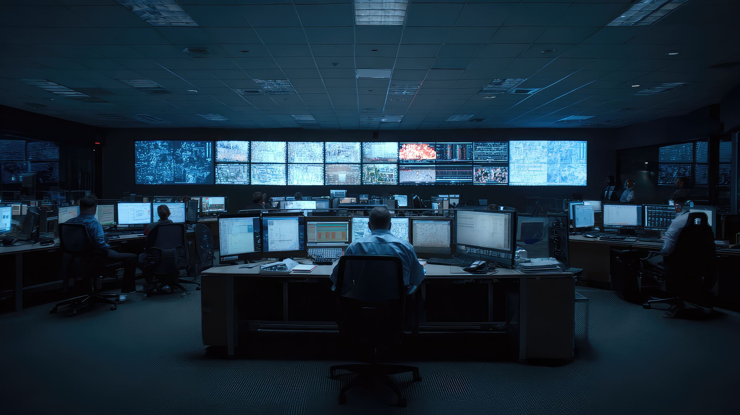 An operations floor with engineers and a wall of live delivery displays.