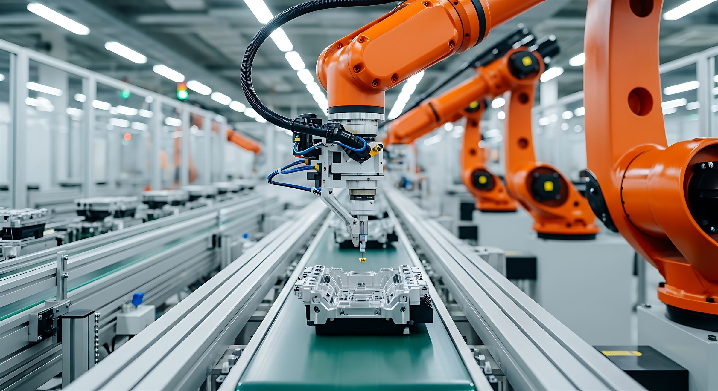 An automated robotics production line assembling hardware.